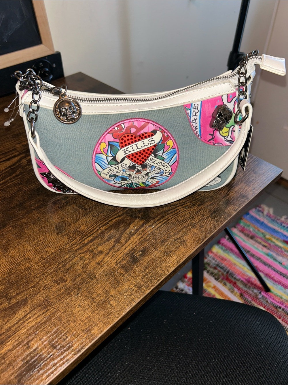 NWT! Ed Hardy White Crescent Shoulder Bag with Pink & Blue Graphic